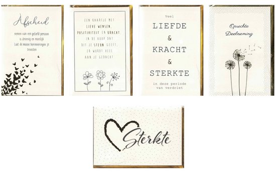 Set van vijf chique rouwkaarten met zwarte teksten en illustraties op een lichte achtergrond met gouden details.