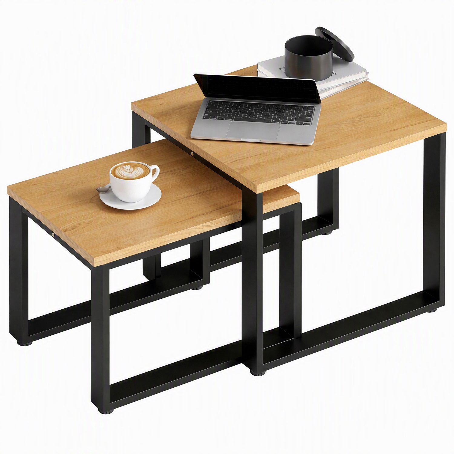 Homcom Salontafelset van 2 - Vierkante Bijzettafels met Metalen Frame - Nesttafels - Naturel met Zwart natuurhout, zwart
