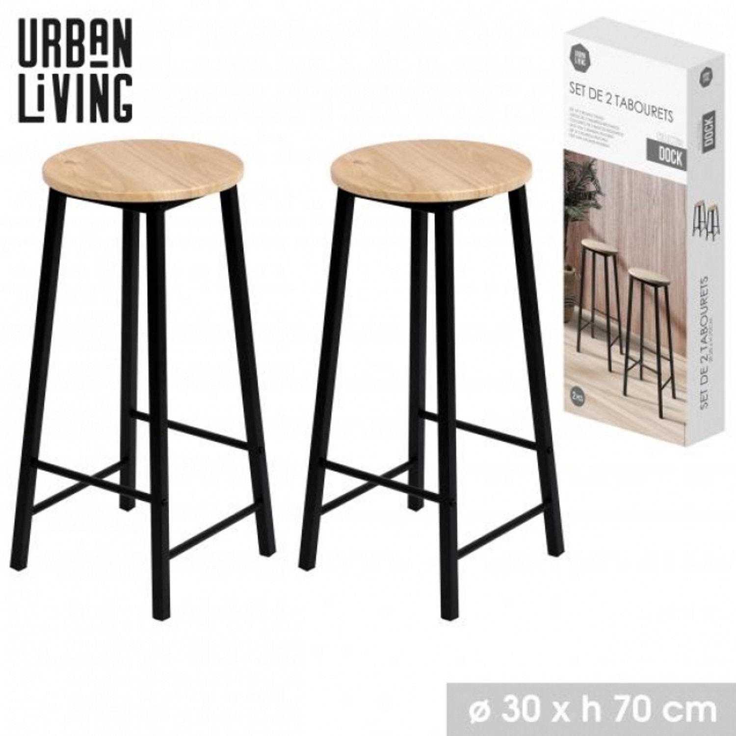 Urban Living "DOCK" Set van 2 ronde barkrukken met metalen onderstel - Ø30 x H70 cm. Zwart en houtlook