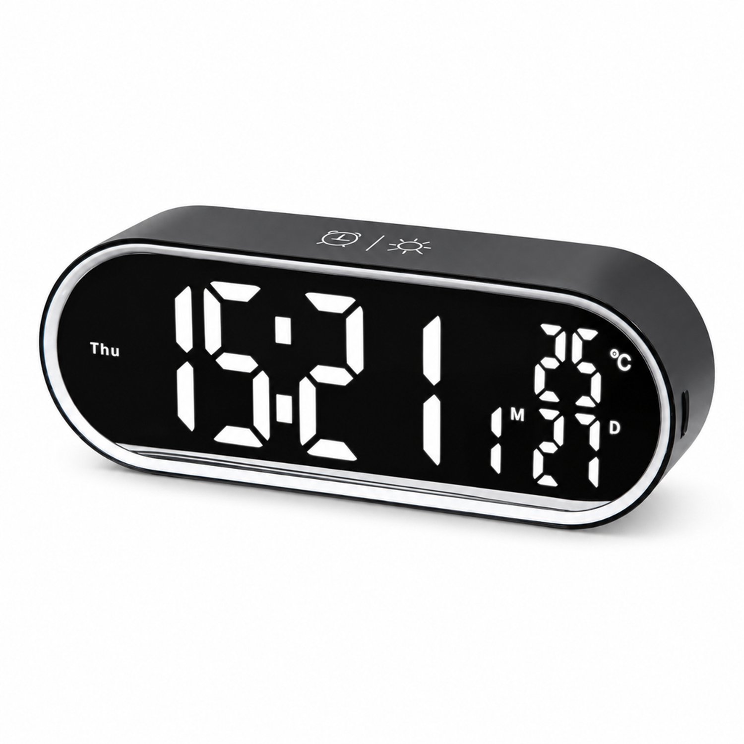 wekker met witte LED-cijfers - Ovaal zwart model met spiegel en temperatuurweergave - Oplaadbaar en USB-voeding