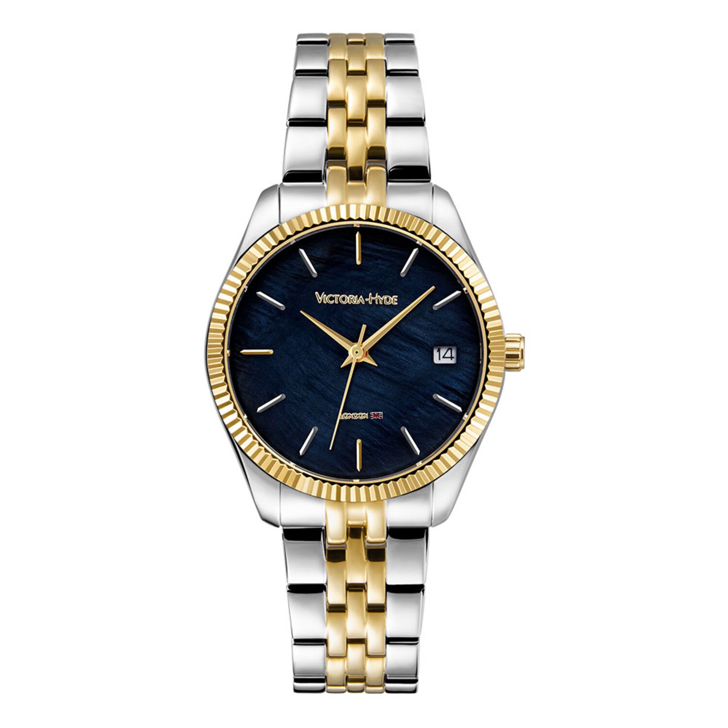 Victoria Hyde "Rose Mary" - Dames Horloge - Goud-zilver edelstaal band - kalenderfunctie - 32 mm breed - Quartz - Vouw/Vlindersluiting - 3 ATM (spatwater)