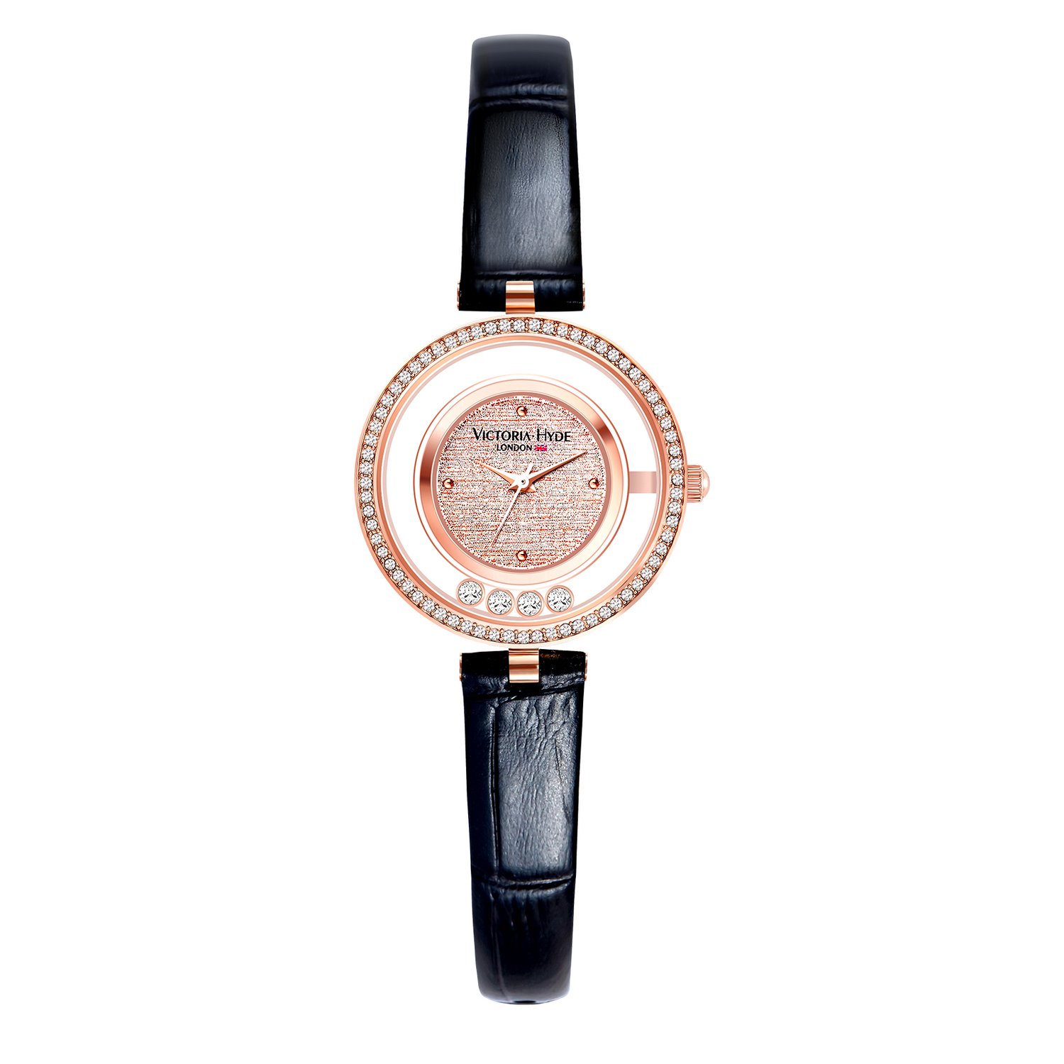 Victoria Hyde "Stars" - Horloge Dames Rose Goud - 32.5mm - Leren Band - Horloges voor Vrouwen & Meisjes - rond uurwerk met kristal accenten - Rond - 3ATM Waterdicht - Zwart - Cadeau voor vrouw