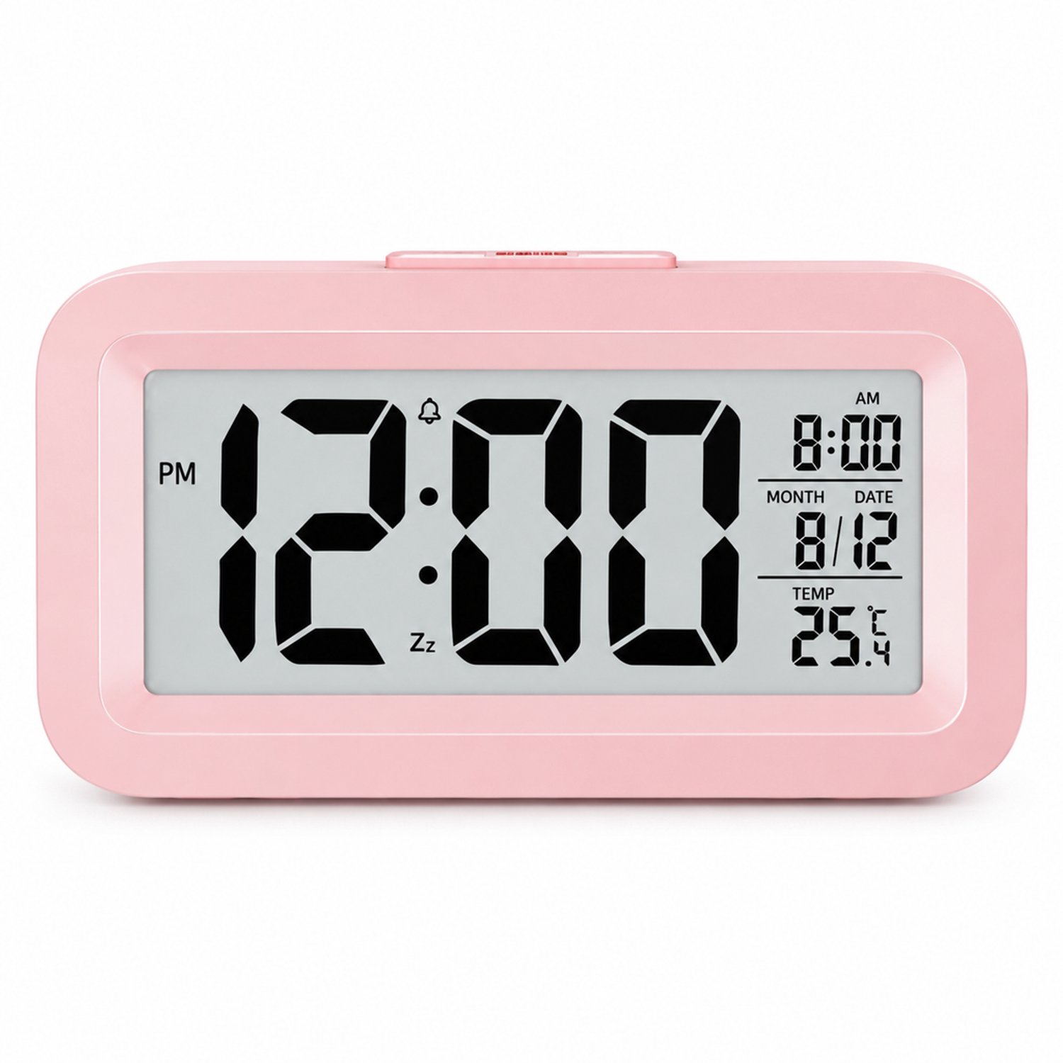 wekker met LCD-scherm, datum- en temperatuurweergave - Batterijvoeding - Roze ABS-behuizing voor bureau en nachtkastje