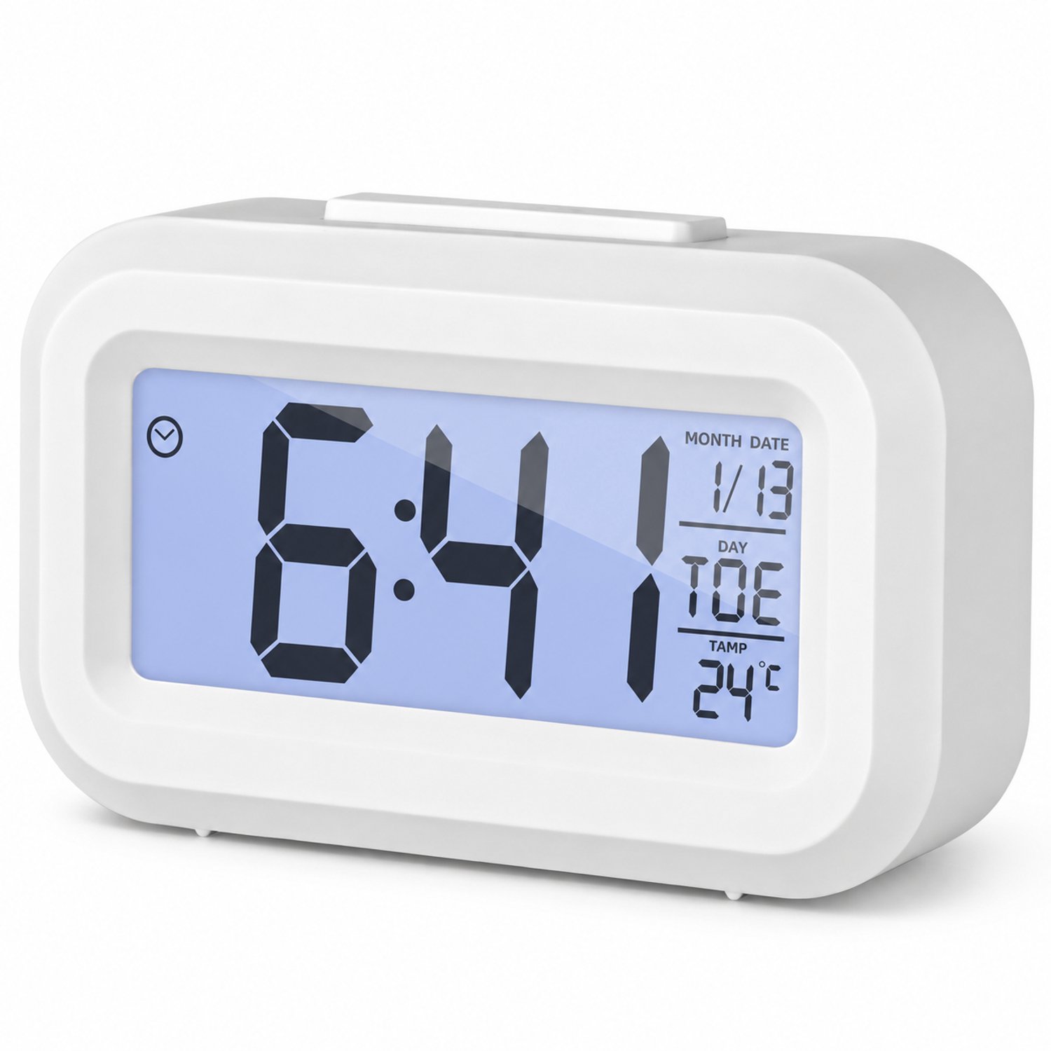 Mini-wekker - digitaal LCD-scherm, 1 alarm, temperatuur en kalender - wit, op batterijen, inclusief 2 batterijen
