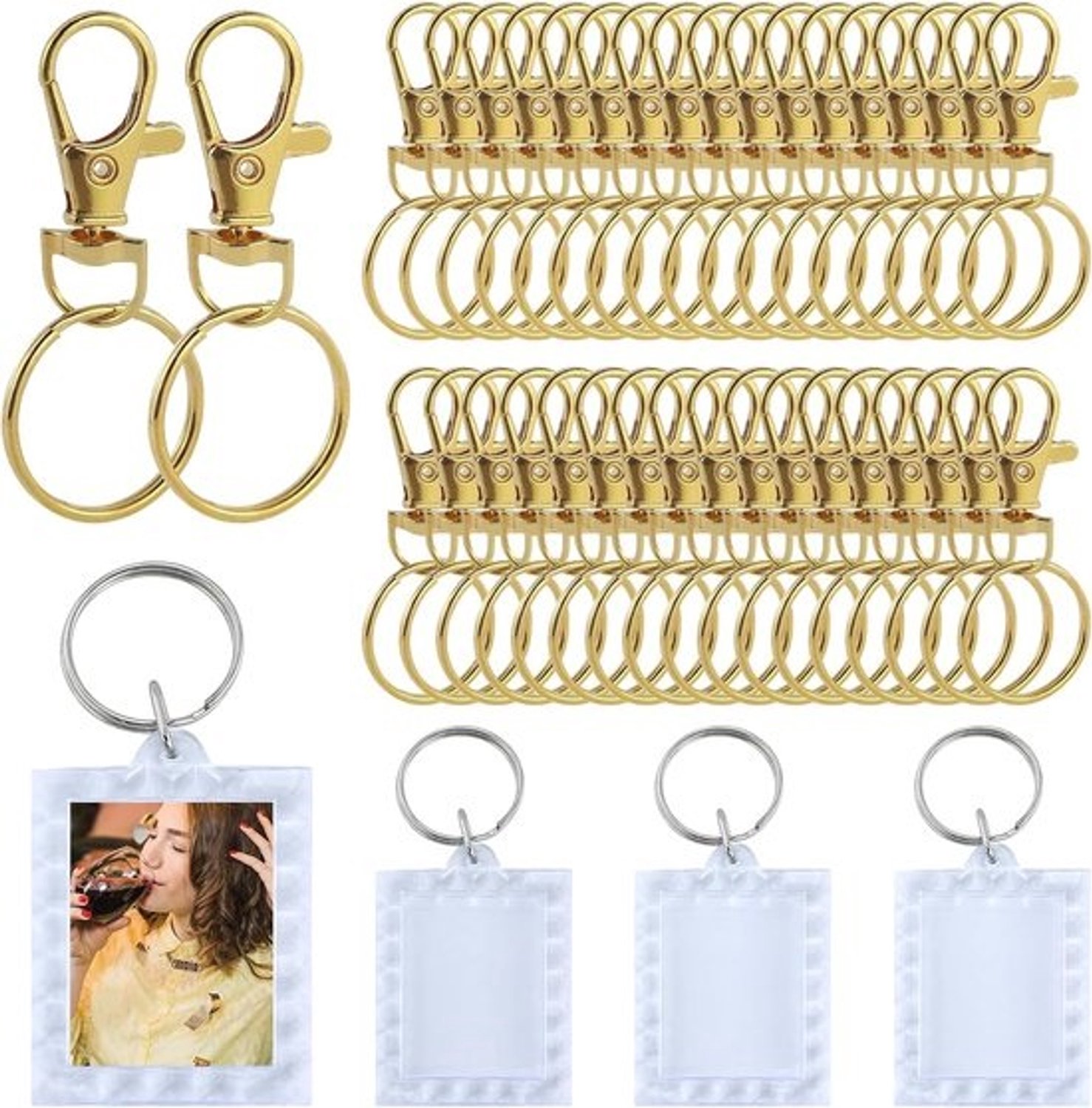 100 sleutelringen en karabijnhaken - goudkleurig - met kunststof doos en 4 sleutelhangers voor knutselen