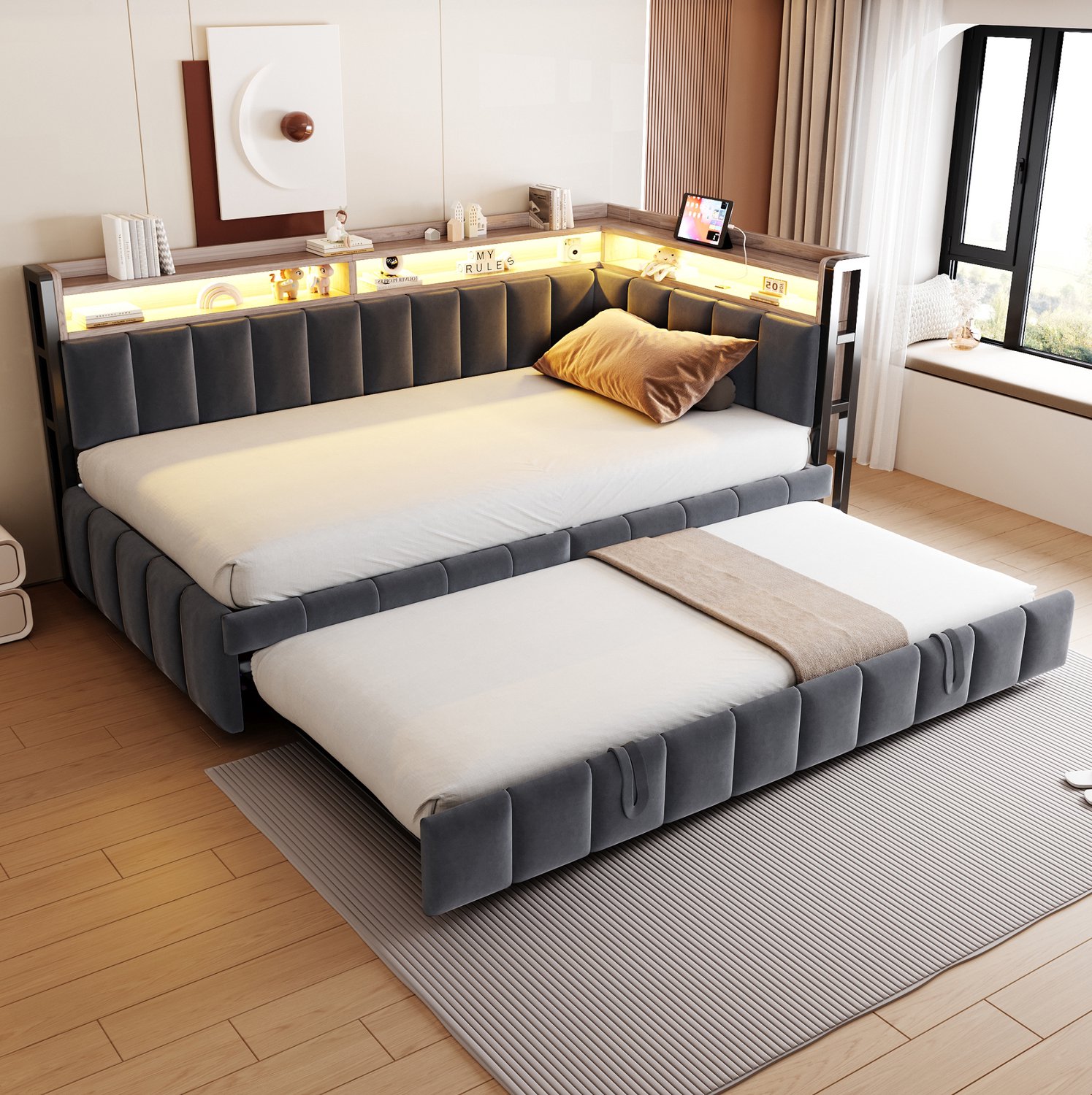 STILVORA Slaapbank 90 x 200 cm – Uitschuifbed met Verlichting – Opbergruimte en Laadaansluitingen – Fluweel – Zonder Matras – Donkergrijs