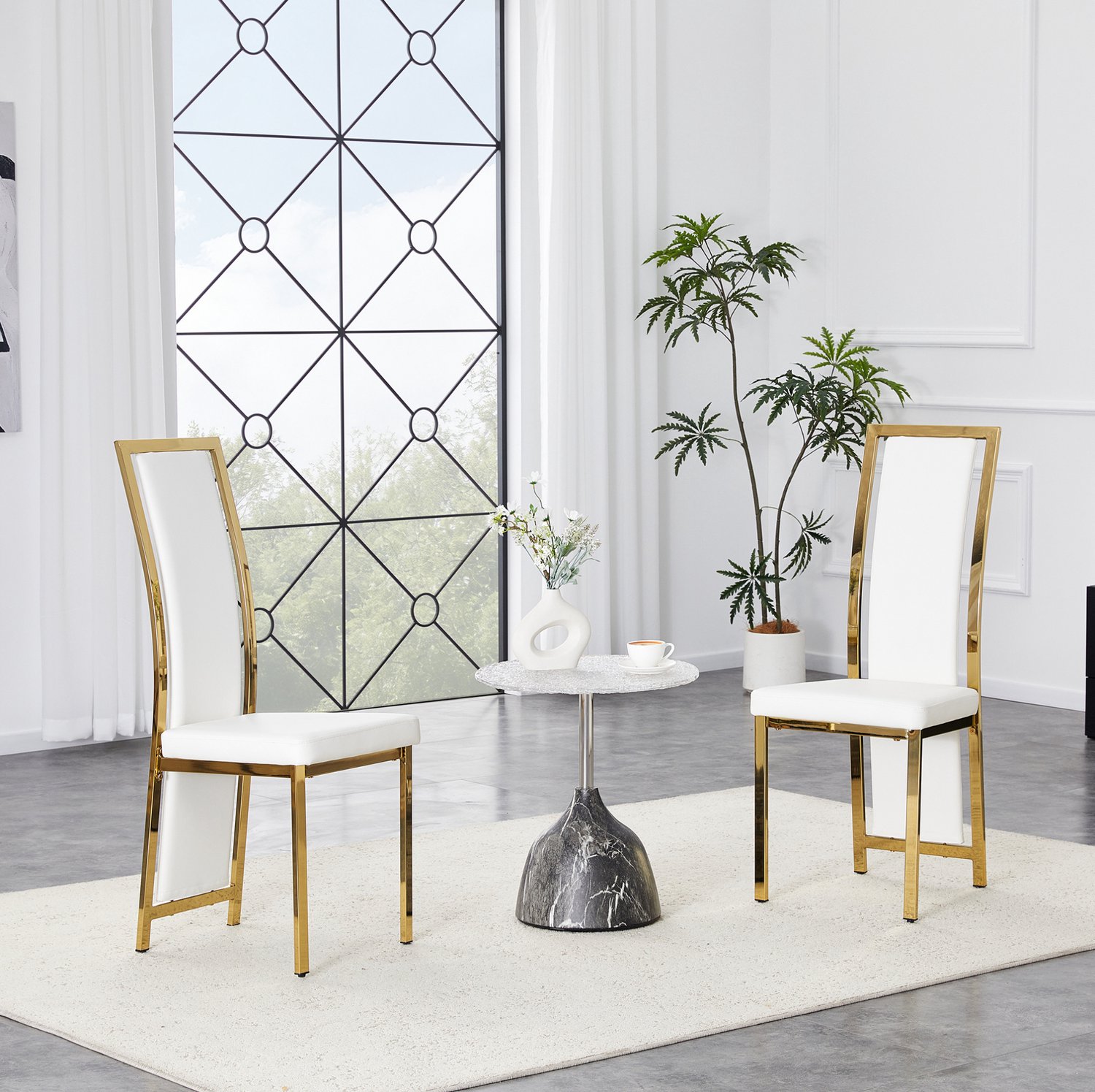 MIVRAY Eetkamerstoelen Set van 2 - Hoge Rugleuning - Kunstleer Metaal - Wit Goud Wit en goud