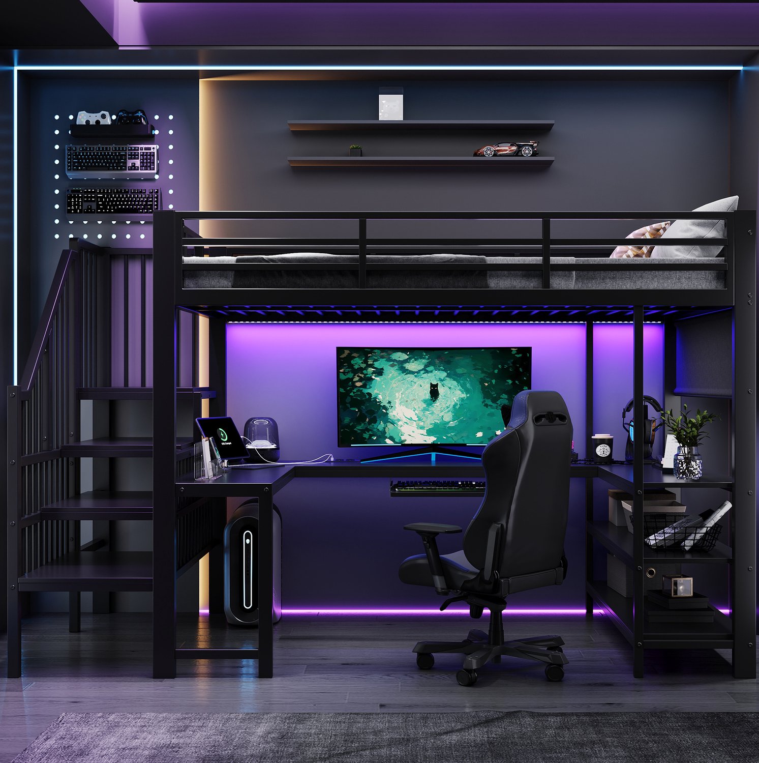 STILVORA Hoogslaper 120x200 cm – Met U-vormig Bureau en Trap – Opbergruimte en Verlichting – Voor Tienerkamers – Metaal en MDF – Zwart – Zonder Matras