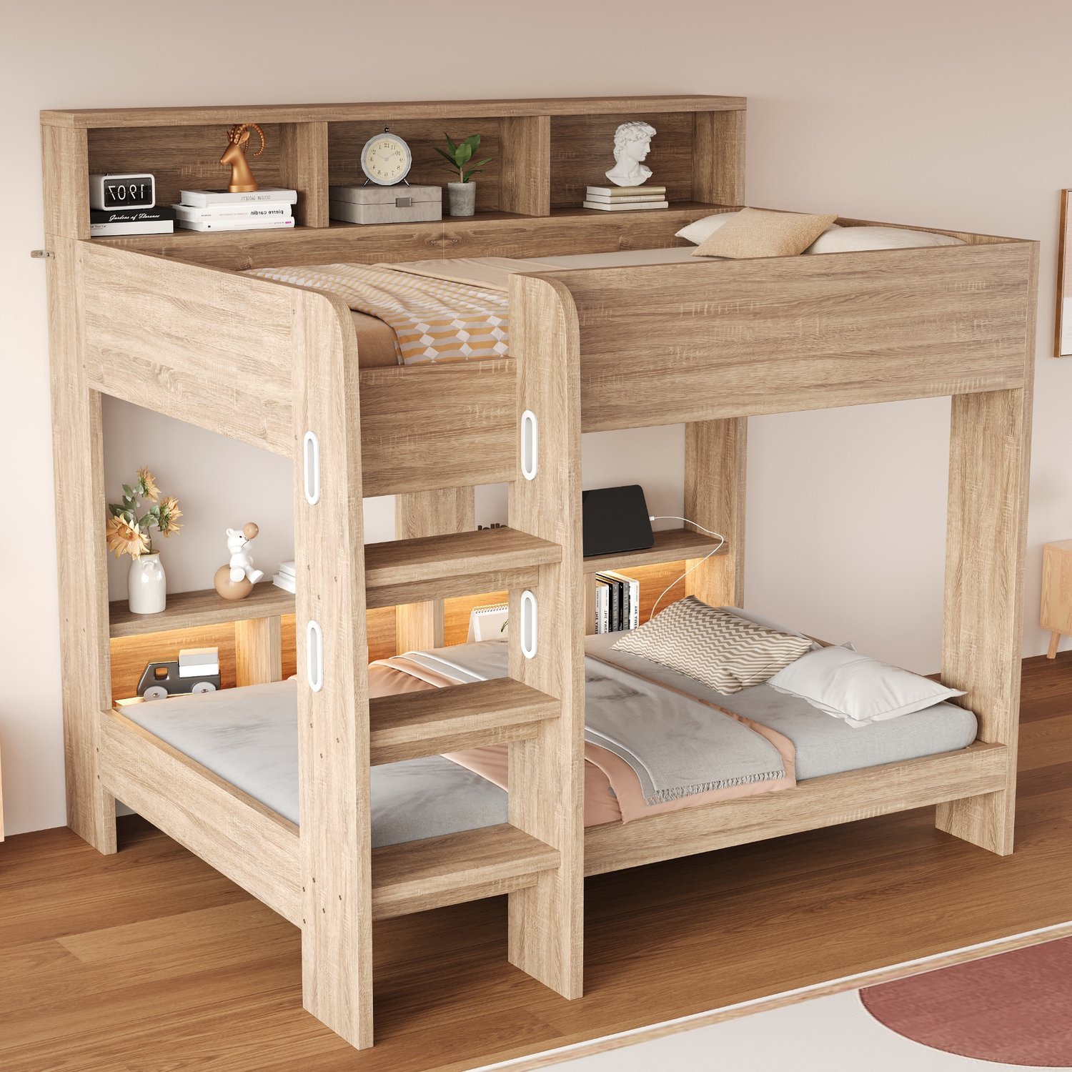 Sweiko Stapelbed - 90 x 200 cm - Houten kinderbed - Opbergruimte - LED-verlichting - Stopcontact - Natuurlijke