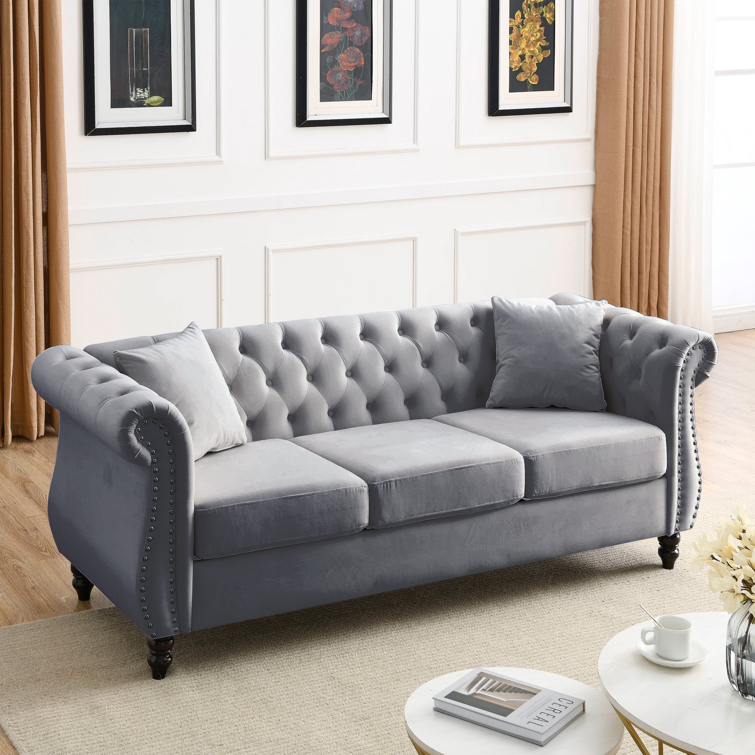 Wishdor Chesterfield bank - Tweezitsbank met fluweel - Gecapitonneerde rugleuning - Zilverkleurige siernagels en gebogen armleuningen - Woonkamer slaapkamer kantoor - Grijs
