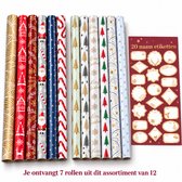 Präsenta - Kerstcadeaupapier – 7 rollen assorti uit 12 dessins – 70 cm × 2 m – inclusief 20 naametiketten
