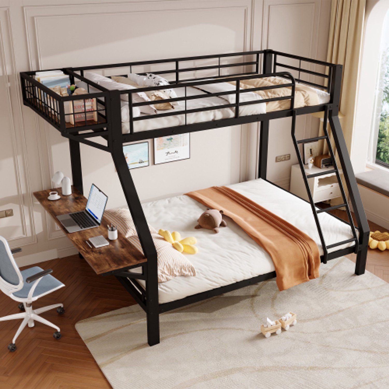 Zubaliya Zwart Metalen Familiestapelbed 90x200 & 140x200 cm met Bureau & Opbergvak - Ruimtebesparend Metalen Stapelbed met Ladder & Veiligheidsrail - Zwart