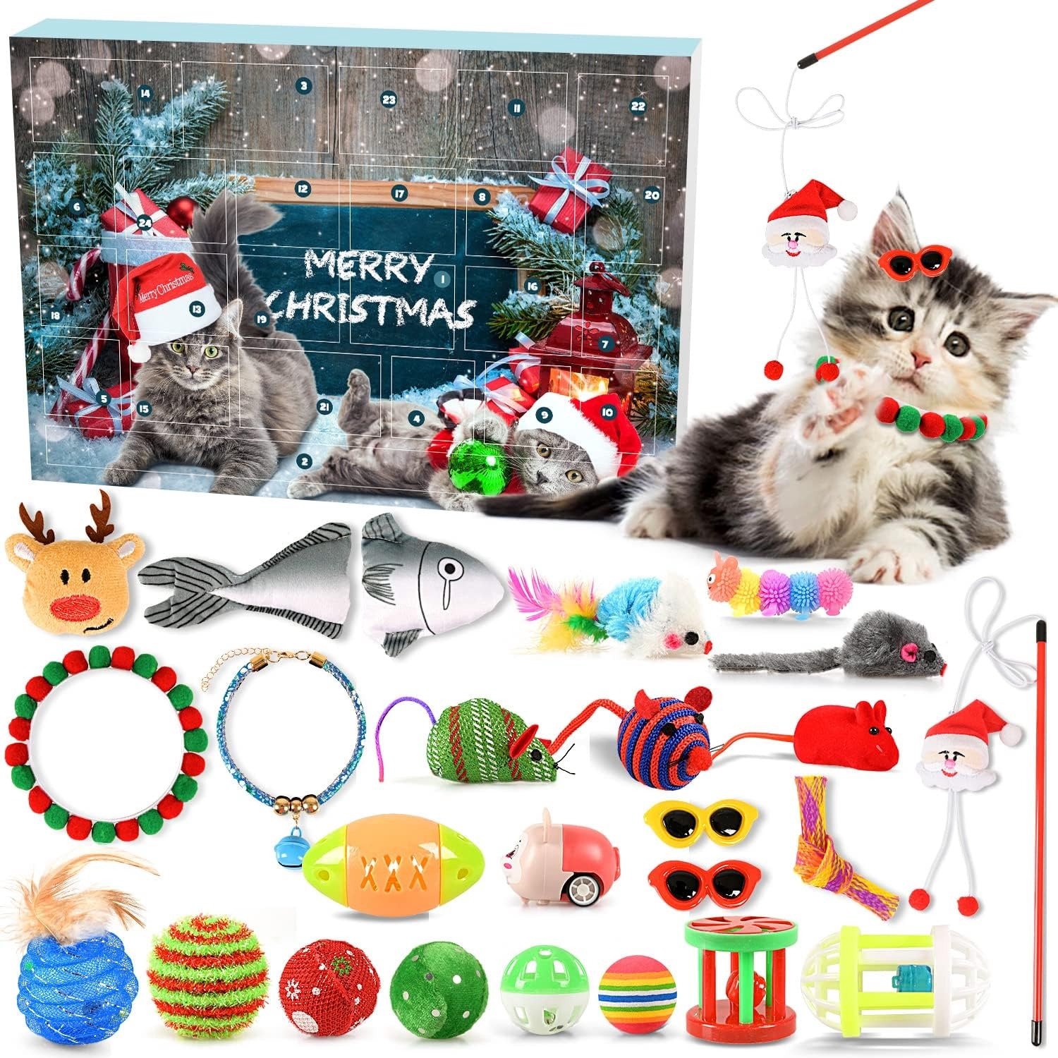 Adventskalender 2026 voor katten - Katten Speelgoed - 24 Dagen Leuke Kat Adventskalender - 24 stuks interactief kattenspeelgoed - Katten Adventskalender - Kerstmis Aftellen - Kerst Countdown Kalender