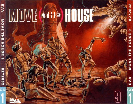 Cover van MOVE THE HOUSE 9 met een fantasy-tekening van personages in leren kleding in een duistere, rode setting.