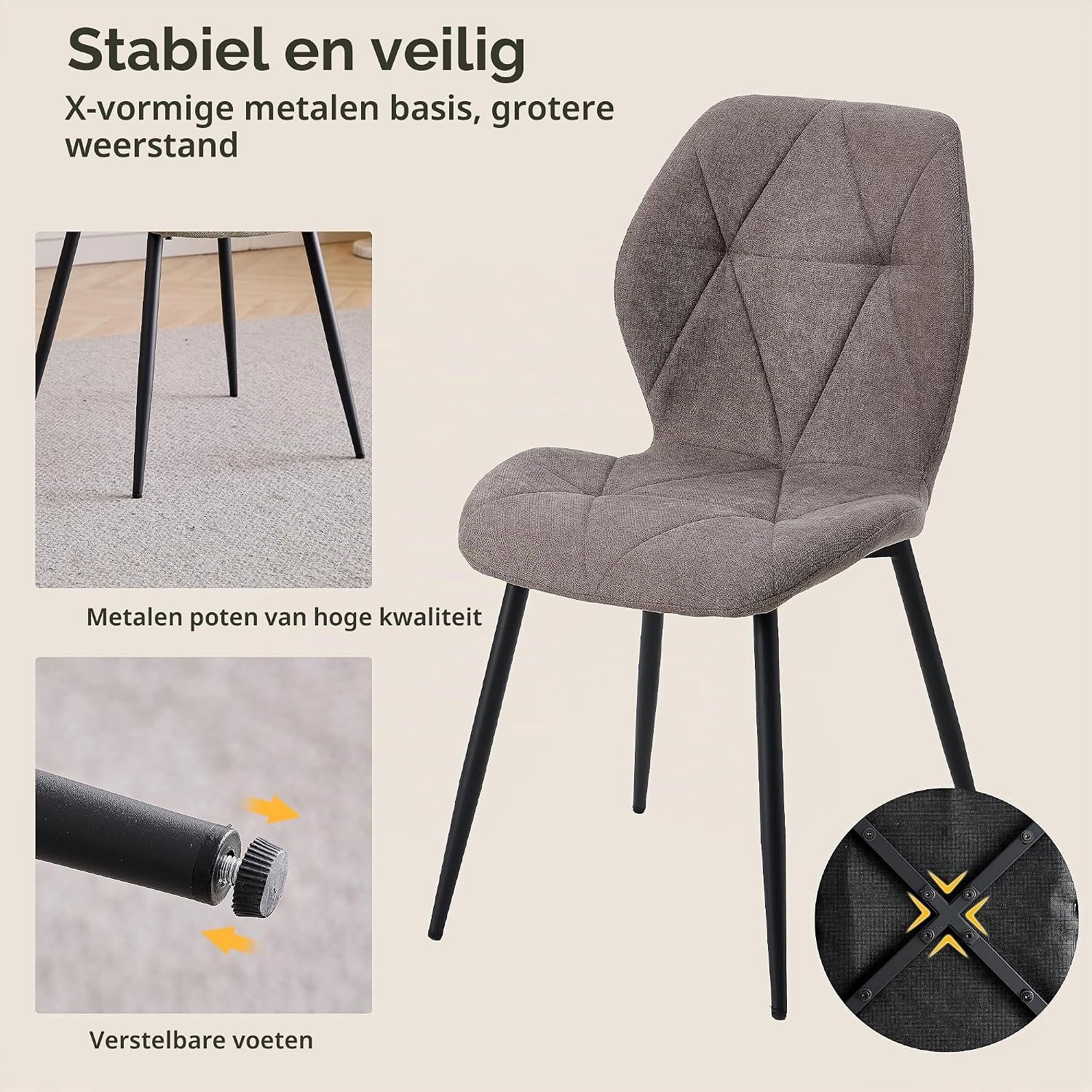 Ronde Eettafel met 4 Gestoffeerde Eetkamerstoelen – Scandinavische Eettafelset met Linnen Bekleding, MDF Tafelblad en Zwarte Metalen Poten