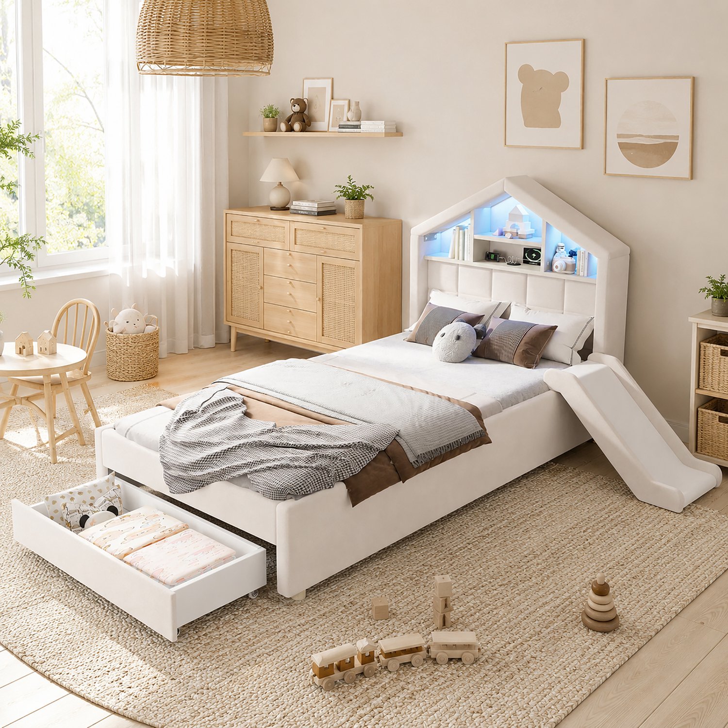 WUVRIE Kinderbed 90x200 cm - Gestoffeerd huisdesign met glijbaan, LED en bedlade - Beige