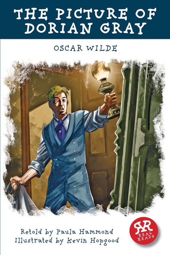 Boekomslag van The Picture of Dorian Gray door Oscar Wilde, met een illustratie van een man met een olielamp.