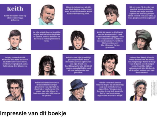 Aperçu de 20 pages du petit livre sur Keith Richards avec des illustrations et du texte en néerlandais.