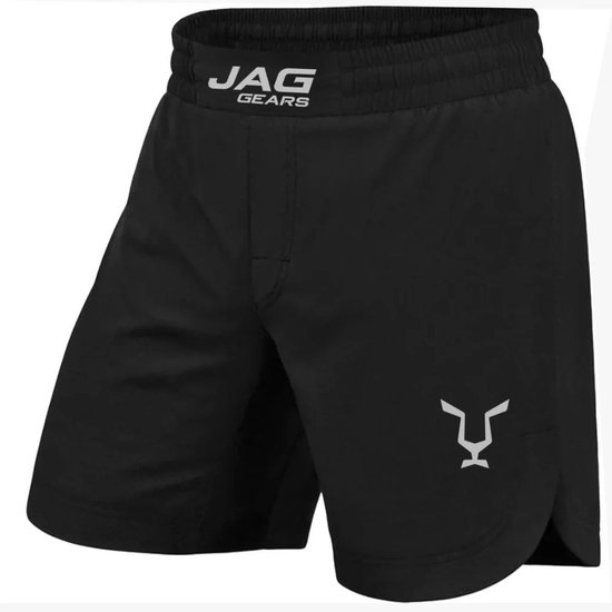 Zwarte MMA-vechtshort van JAG GEARS met elastische tailleband en wit logo op het been.