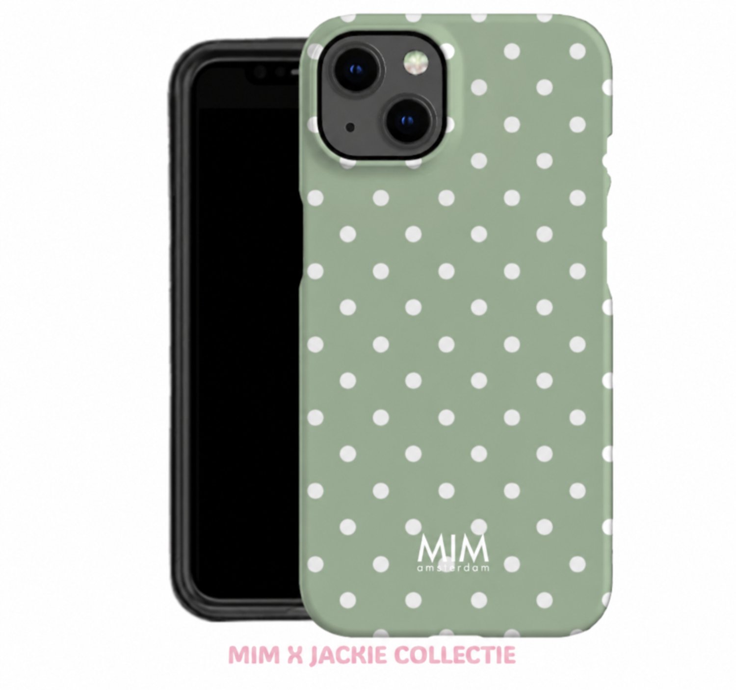 MIM Amsterdam - Matcha Dots - Geschikt voor iPhone 14 Pro - Telefoonhoesje - Shockproof Case - Matchagroen met Witte Stippen – Polka Dot Design - Beschermhoes - Trendy Phone Case