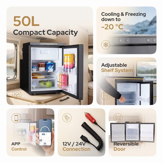 Compressorkoelkast 50 Liter – Camper Koelkast 12V/24V met Vriesvak tot -20°C – App Bediening – Zwart — afbeelding 5