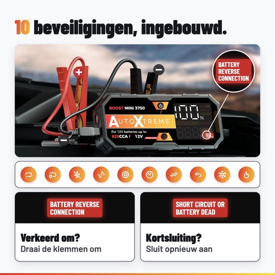 AutoXtreme starthulp met 10 ingebouwde beveiligingen en instructies voor foutmeldingen bij verkeerd aansluiten.