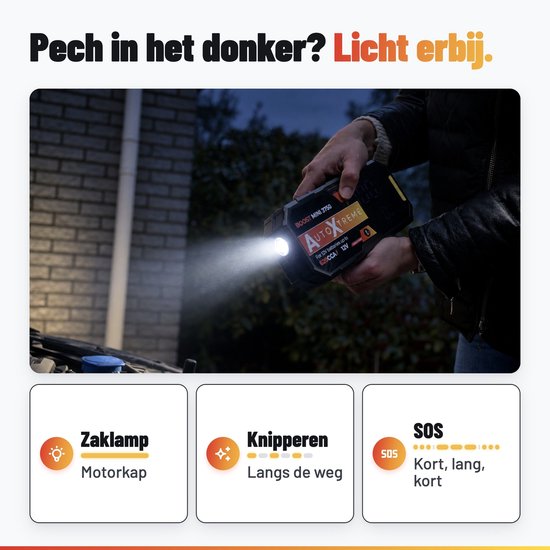 AutoXtreme starthulp met ingebouwde zaklamp voor pech onderweg, toont SOS en knipperlicht modi.