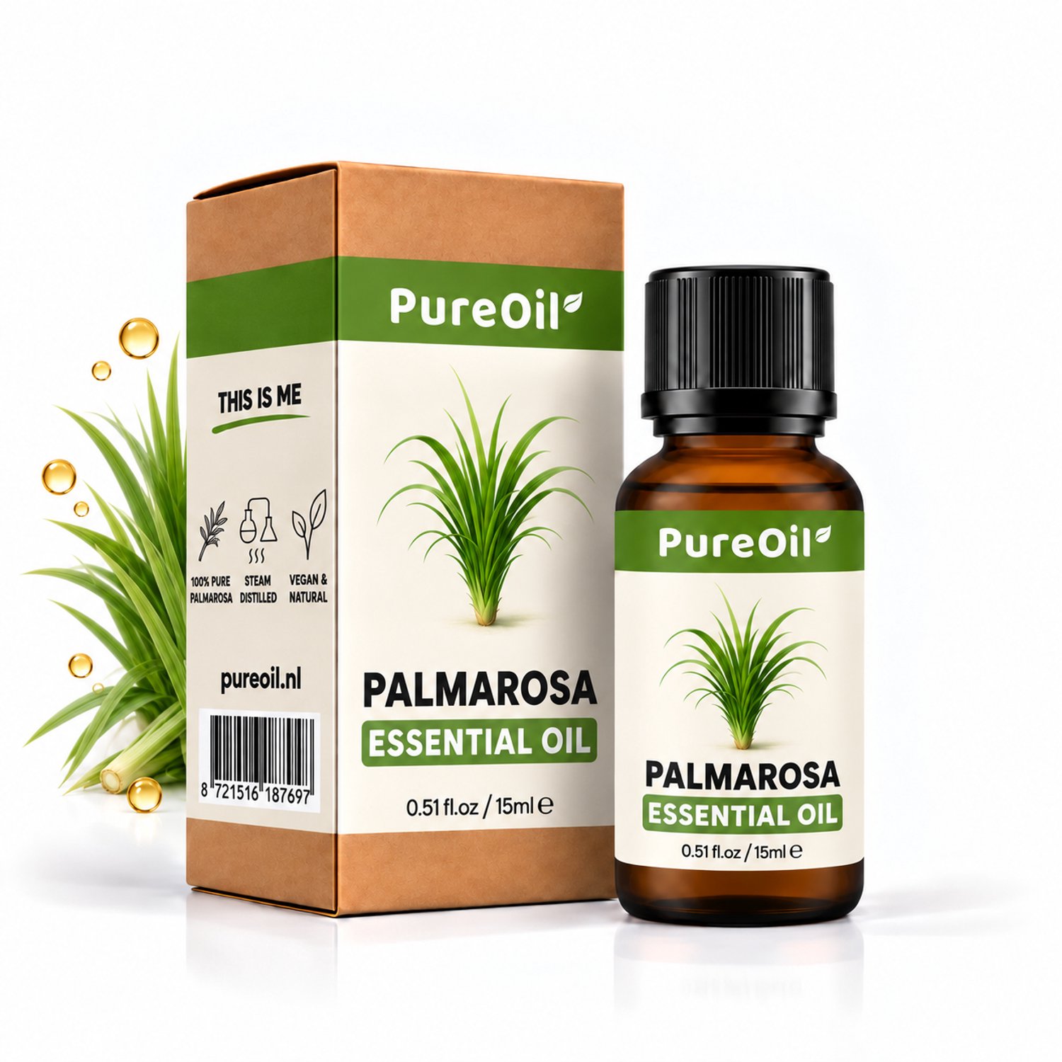 PureOil – Palmarosa Etherische Olie – 15ml – 100% Puur, Natuurlijk & Vegan – Voor Huid | Gezicht | Scalp | Diffuser | Aromatherapie