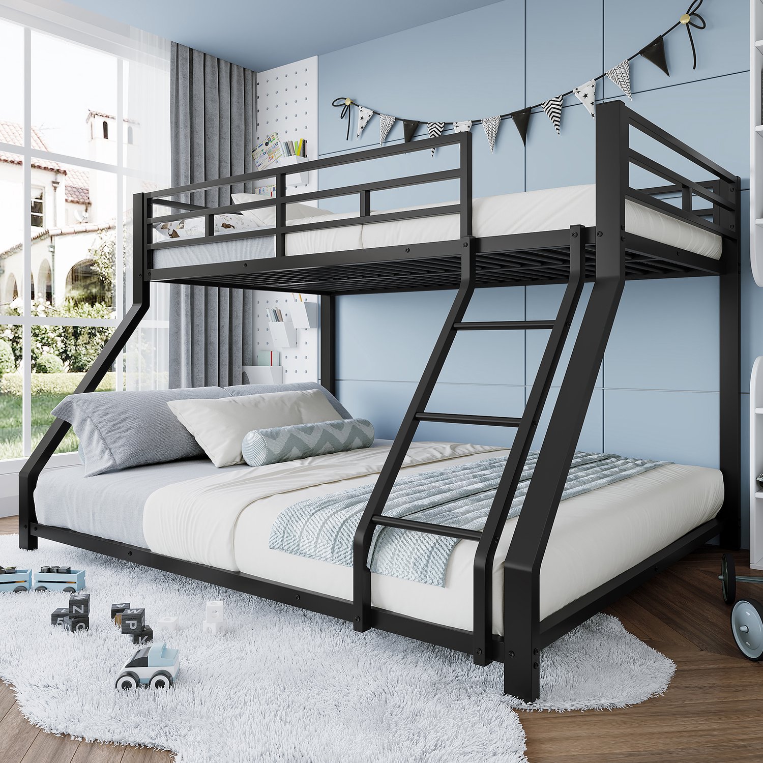 WUVRIE Stapelbed 90x200 en 140x200 cm - Met trap en uitvalbeveiliging - Metaal - Zwart