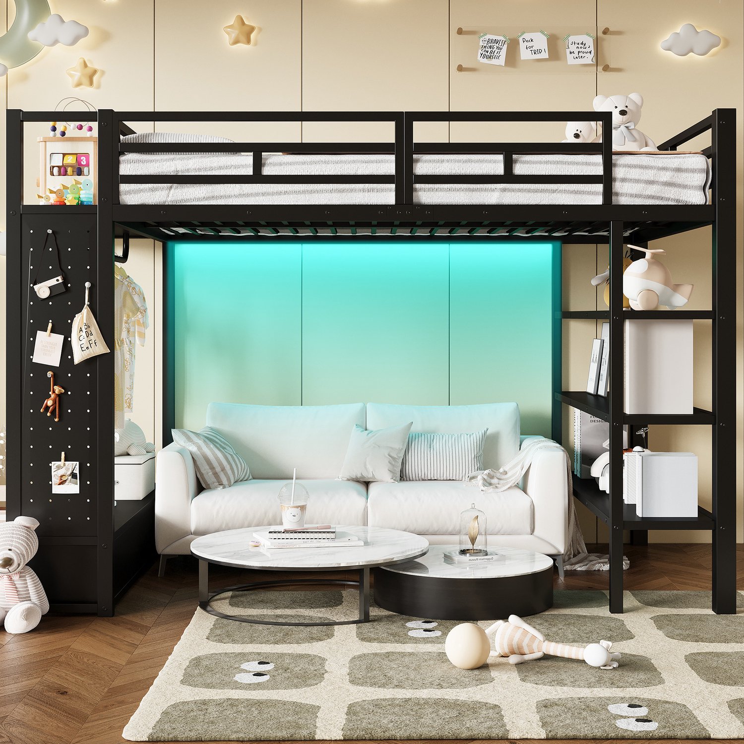 WUVRIE Hoogslaper 140x200 cm - Open kledingkast, 2 lades en legplanken - LED-verlichting - Zwart
