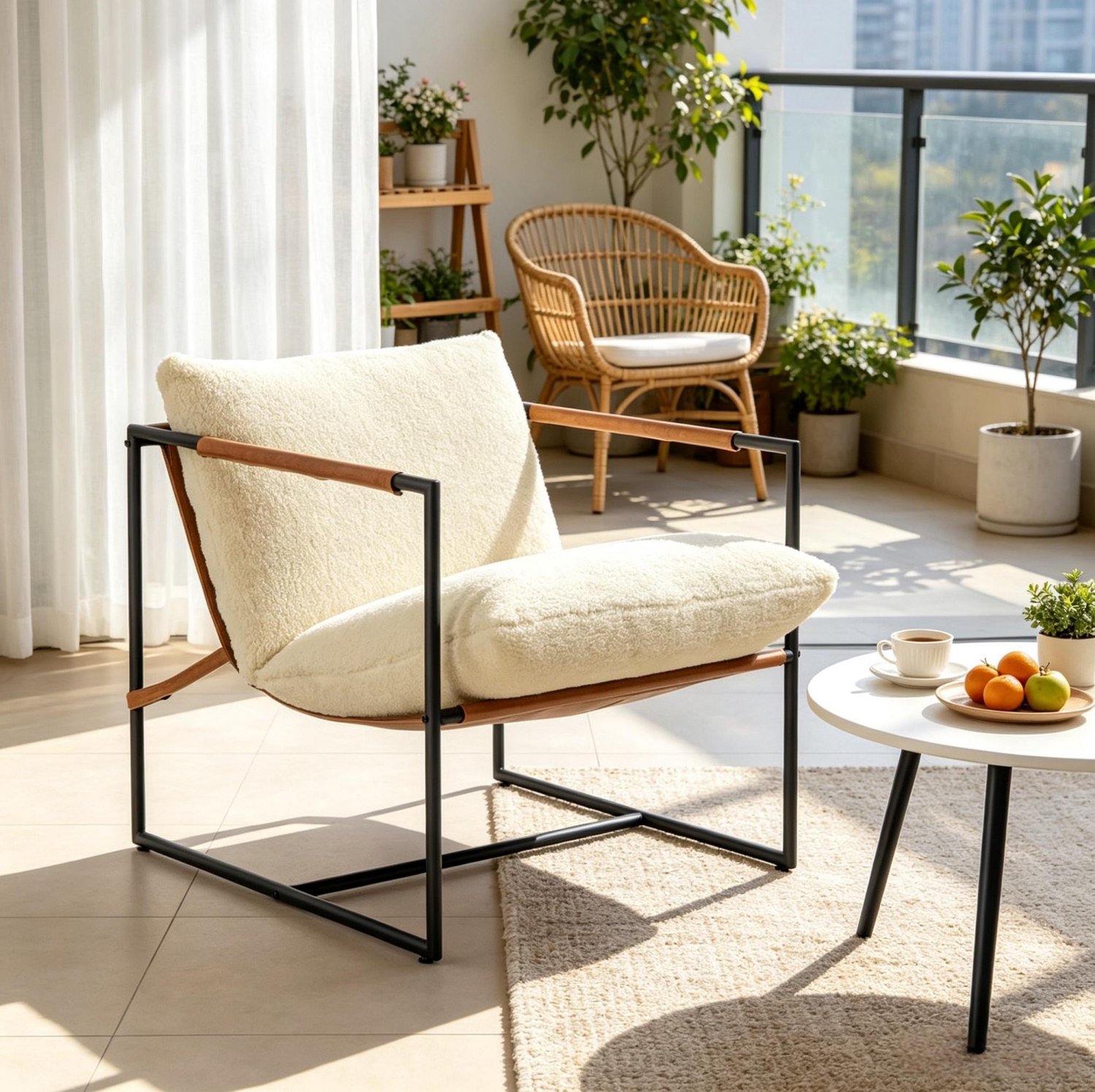 CHICFURN Fauteuil - Bouclé bekleding - Stalen frame met armleuningen - Crème