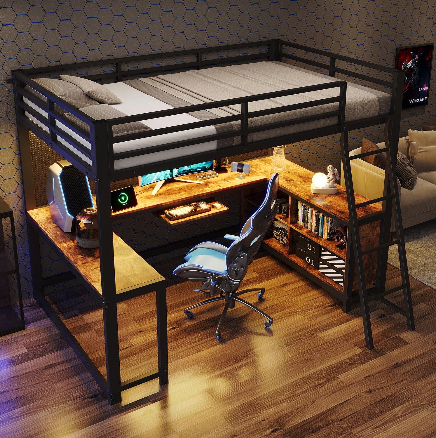 OKWISH Metalen Hoogslaper 120 x 200 cm - Met Bureau aan Drie Zijden en Ledverlichting - Met Opbergruimte - Zwart met Houtlook - Zonder Matras