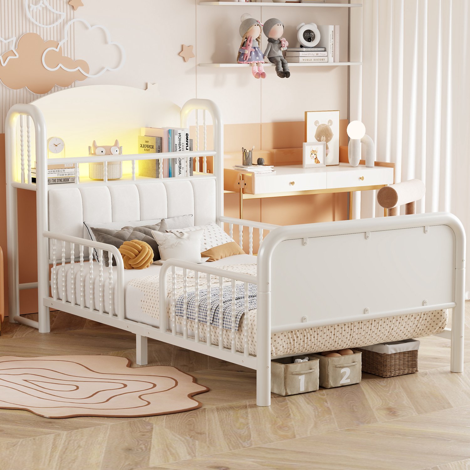 Wishdor Kinderbed 90x200 cm - Rondom veiligheidshek en gestoffeerd hoofdbord - Opbergvak met kleurwisselende LED-verlichting - Metalen frame met MDF - Wit - Kinderkamer en jeugdkamer