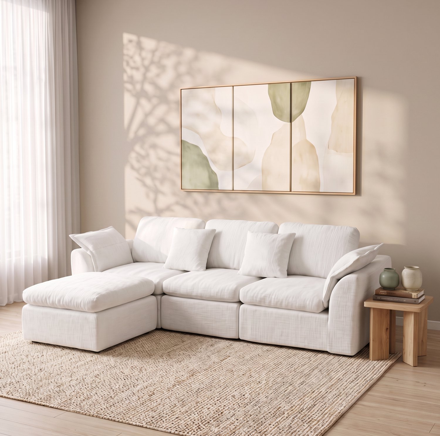 MIVRAY Modulaire Hoekbank 246 x 90 x 81 cm - Vier Zitplaatsen met Verplaatsbare Hocker en Diepe Zit - Voor Woonkamer en Slaapkamer - Schuim - Gebroken Wit
