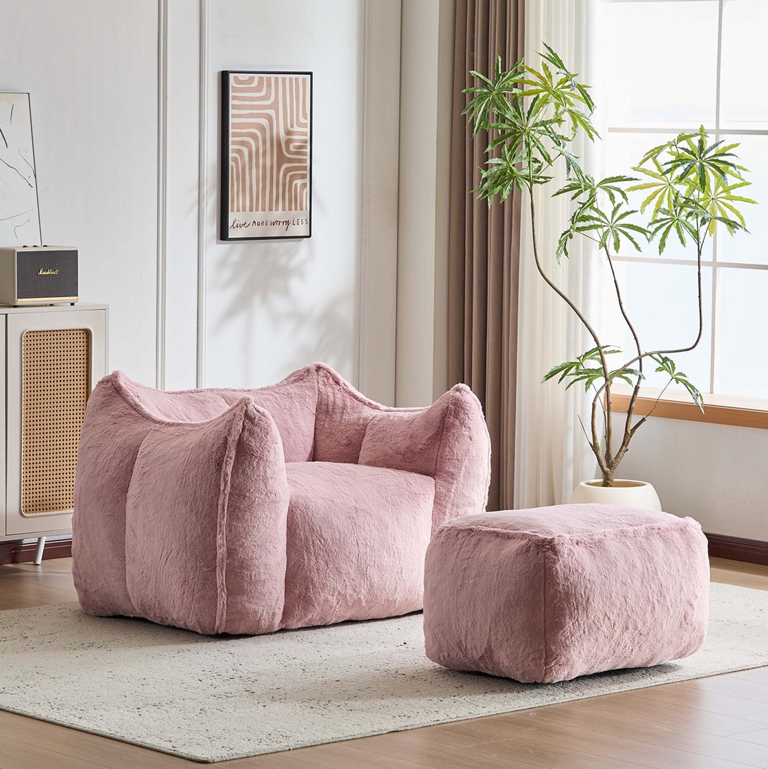 MIVRAY Fauteuil met Hocker 126 x 100,5 x 75 cm - Zachte Schuimvulling en Armleuningen - Voor Woonkamer en Leeshoek - Kunstbont - Roze