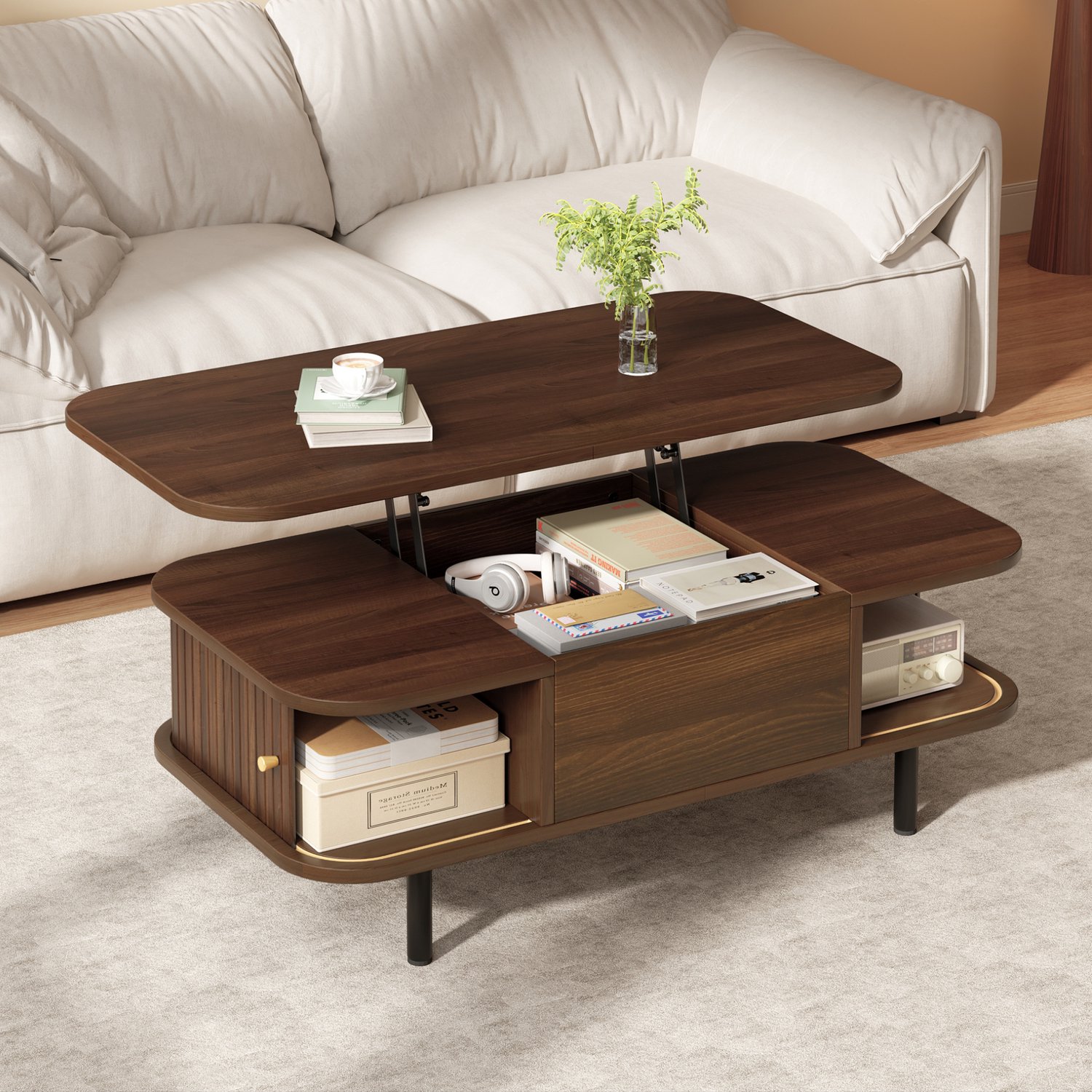 CHICFURN Salontafel 101 cm - Verstelbaar tafelblad - Opbergruimte - Walnootkleur