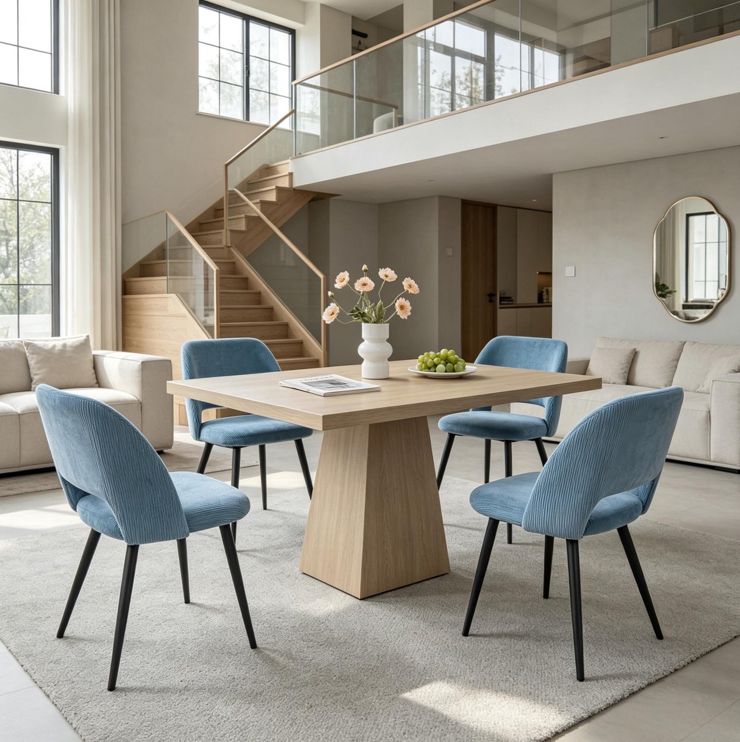 CHICFURN Eetkamerstoelen set van 4 - Ribstof - Metalen poten - Blauw