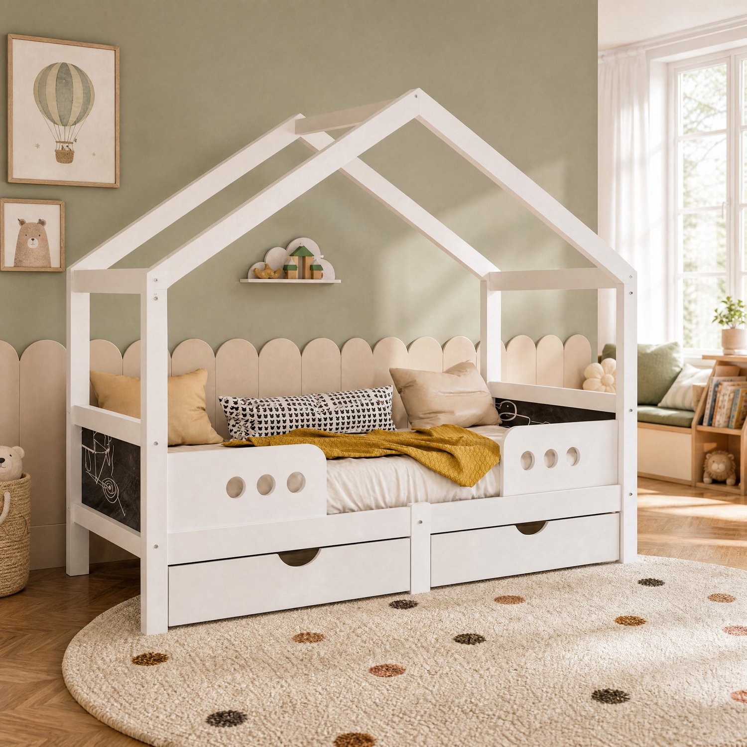 WUVRIE Kinderbed 90x200 cm - Huisvorm met 2 lades en tekenbord aan het hoofdeinde - Wit