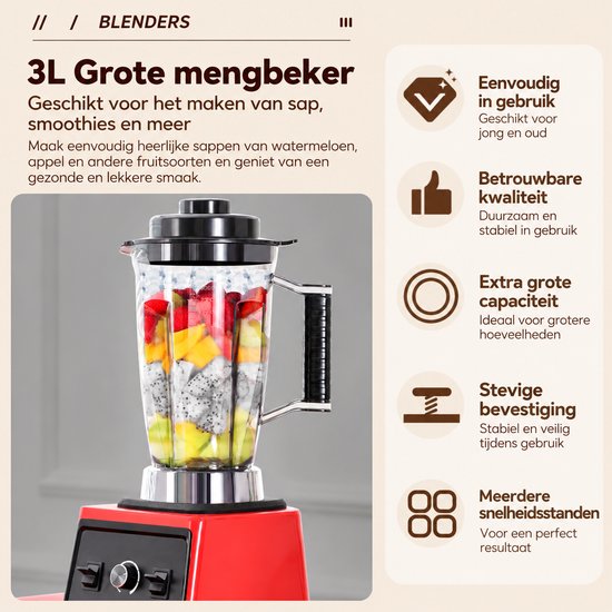 Sellino Blender - Keukenblender - Mixapparaat - Keukenmixer - Maalmachine - 3-in-1 - 3 Mengbekers - 15 Snelheidsstanden - Rood van Sellino — afbeelding 2
