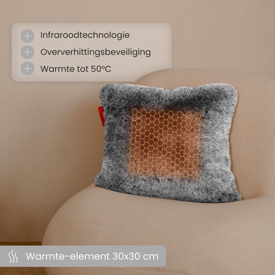 Grijs, zacht teddy kussen op fauteuil met infraroodtechnologie, oververhittingsbeveiliging en 30x30 cm warmte-element.