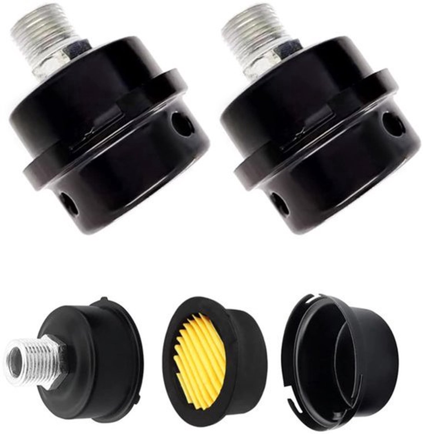 2 stuks luchtfilter, geluidsdemper voor luchtcompressorfilter, 3/8 inch, 16 mm, voor gebruik in de ingang van de luchtcompressor en het blokkeren van stof, vermindert lawaai, zwart