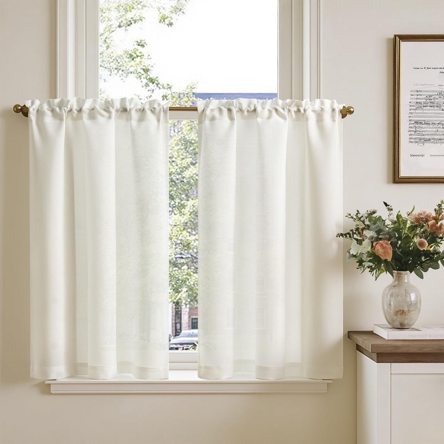 Set van 2 Bistro Gordijnen 90 x 65 cm - Witte Linnen Look