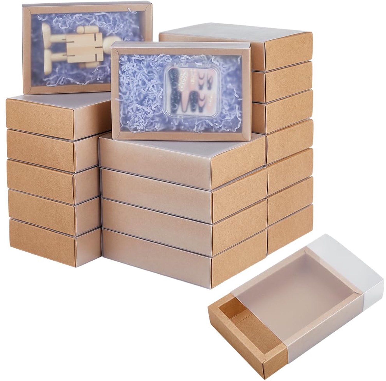 30 Set Bruine Kraft Lade Geschenkdozen met Doorschijnend Schuifdeksel - Perfect voor Organisatie en DIY