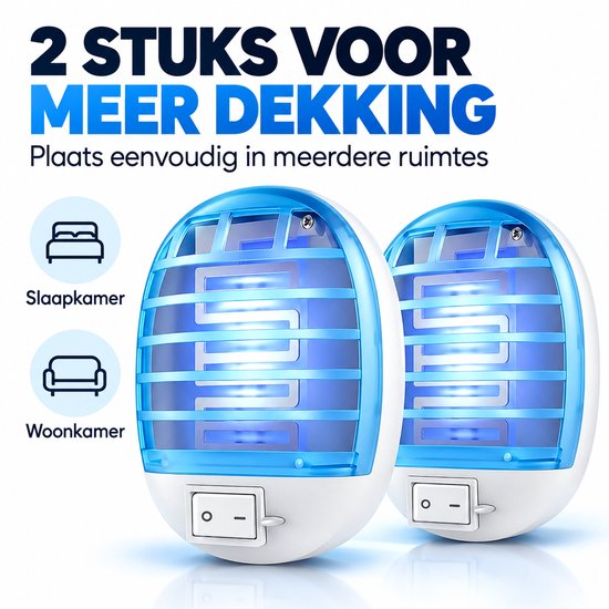 Twee blauwe muggenlampen voor betere dekking in huis. Tekst: 2 stuks voor meer dekking.