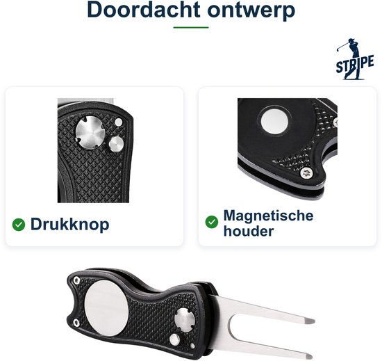 Zwarte inklapbare pitchfork met drukknop en magnetische houder. Tekst: Doordacht ontwerp.