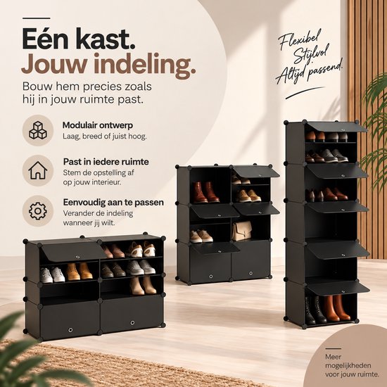 Drie verschillende opstellingen van een zwarte modulaire schoenenkast: laag, breed en hoog.