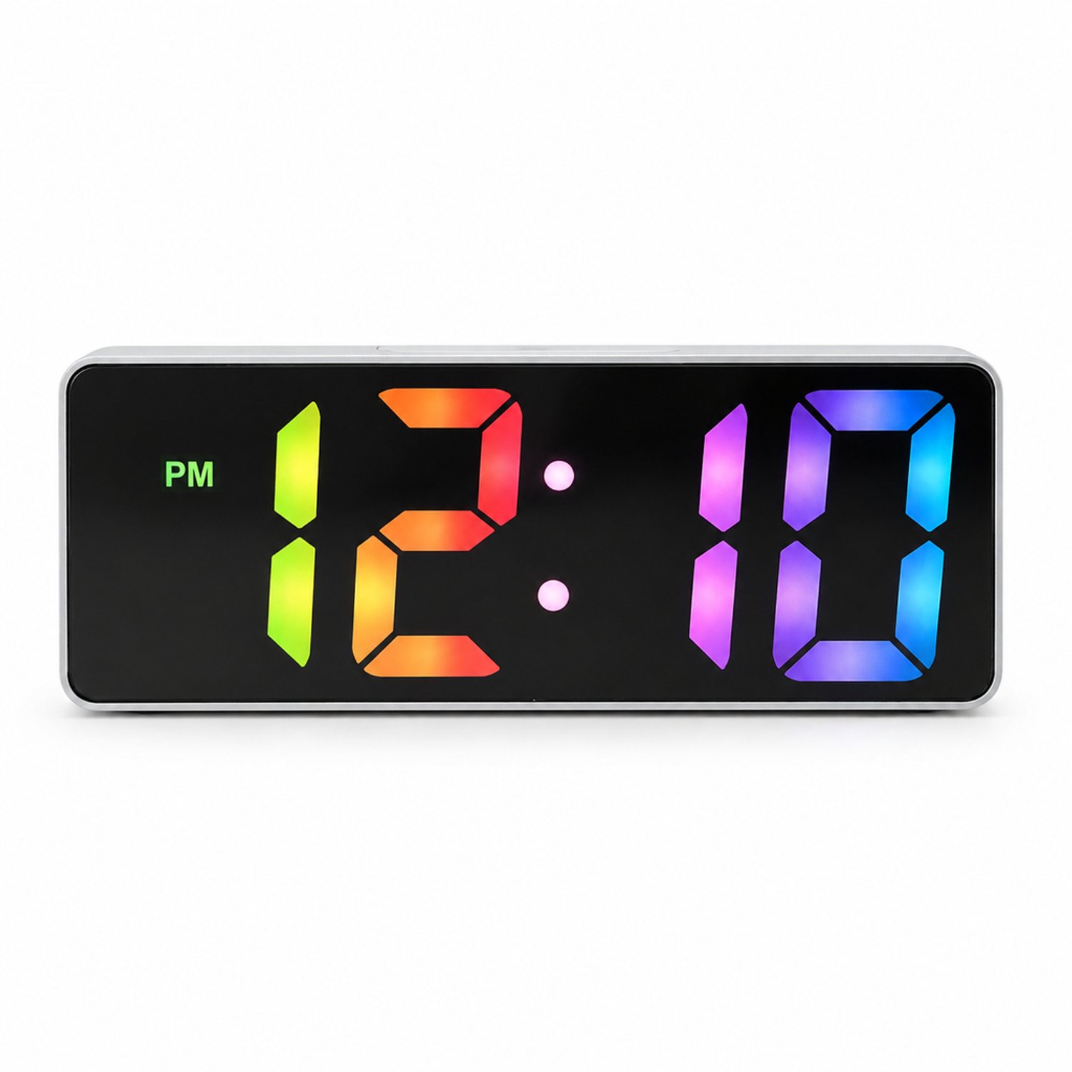 Digitale wekker met meerkleurig led-display en spiegelfront - USB- of batterijvoeding - witte behuizing - 15,8 x 6 x 2 cm