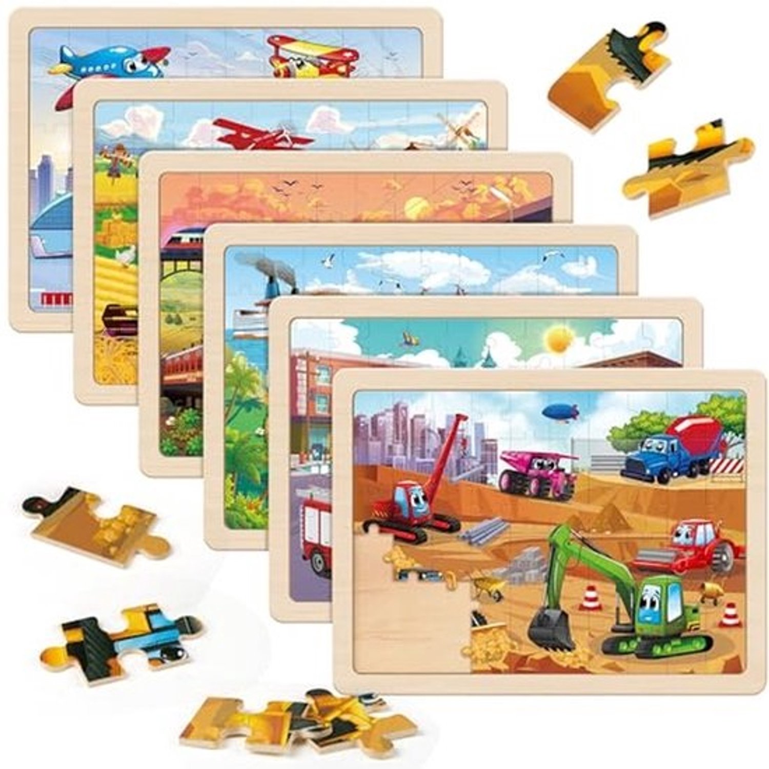 Houten voertuigpuzzels voor kinderen van 4 tot 8 jaar - 6 thema's, 60 delen