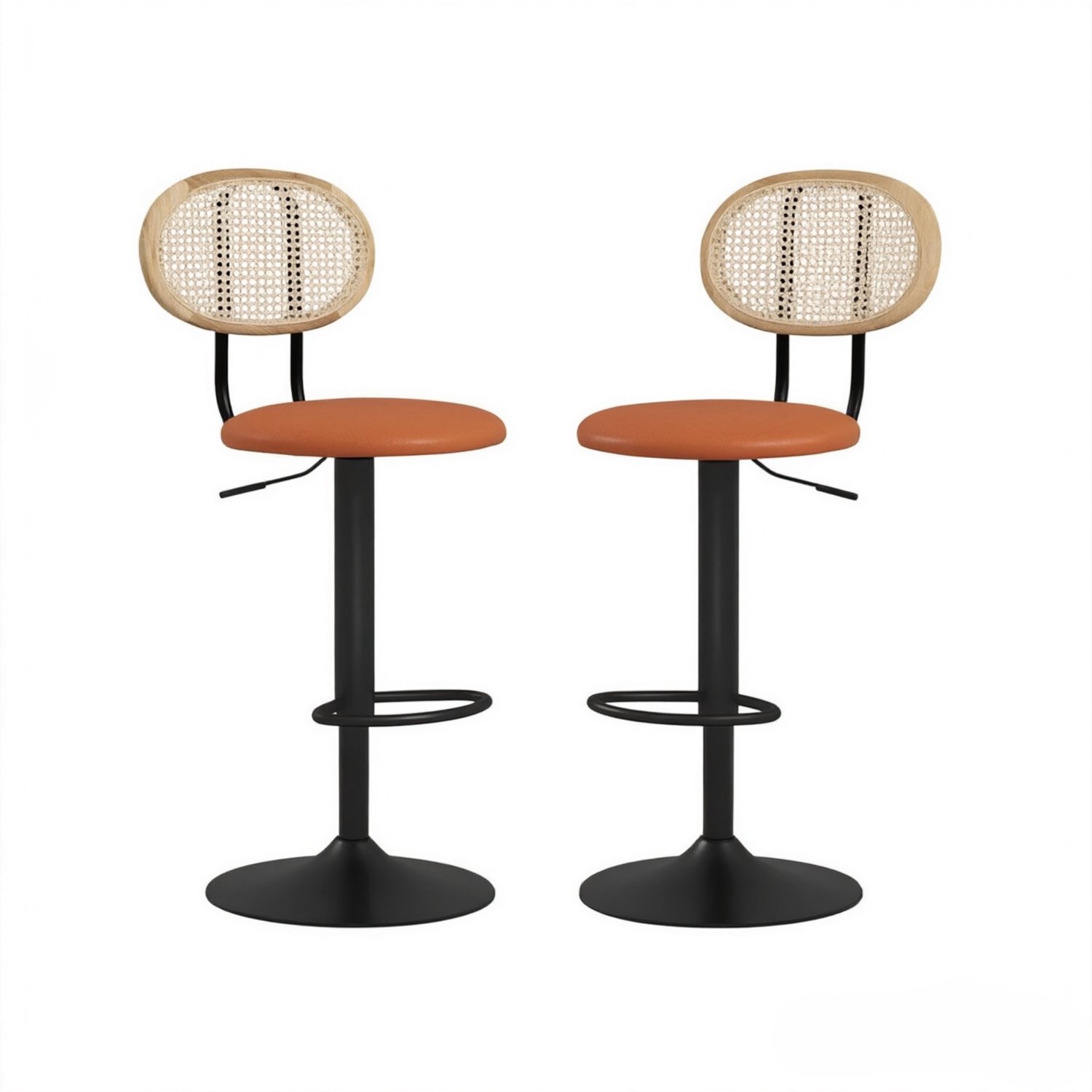 SONNENH Barkrukken set van 2 - Bruin kunstleer en PE-rotan rug - Zwart onderstel - Zithoogte 62,5–84 cm Bruin met zwart onderstel
