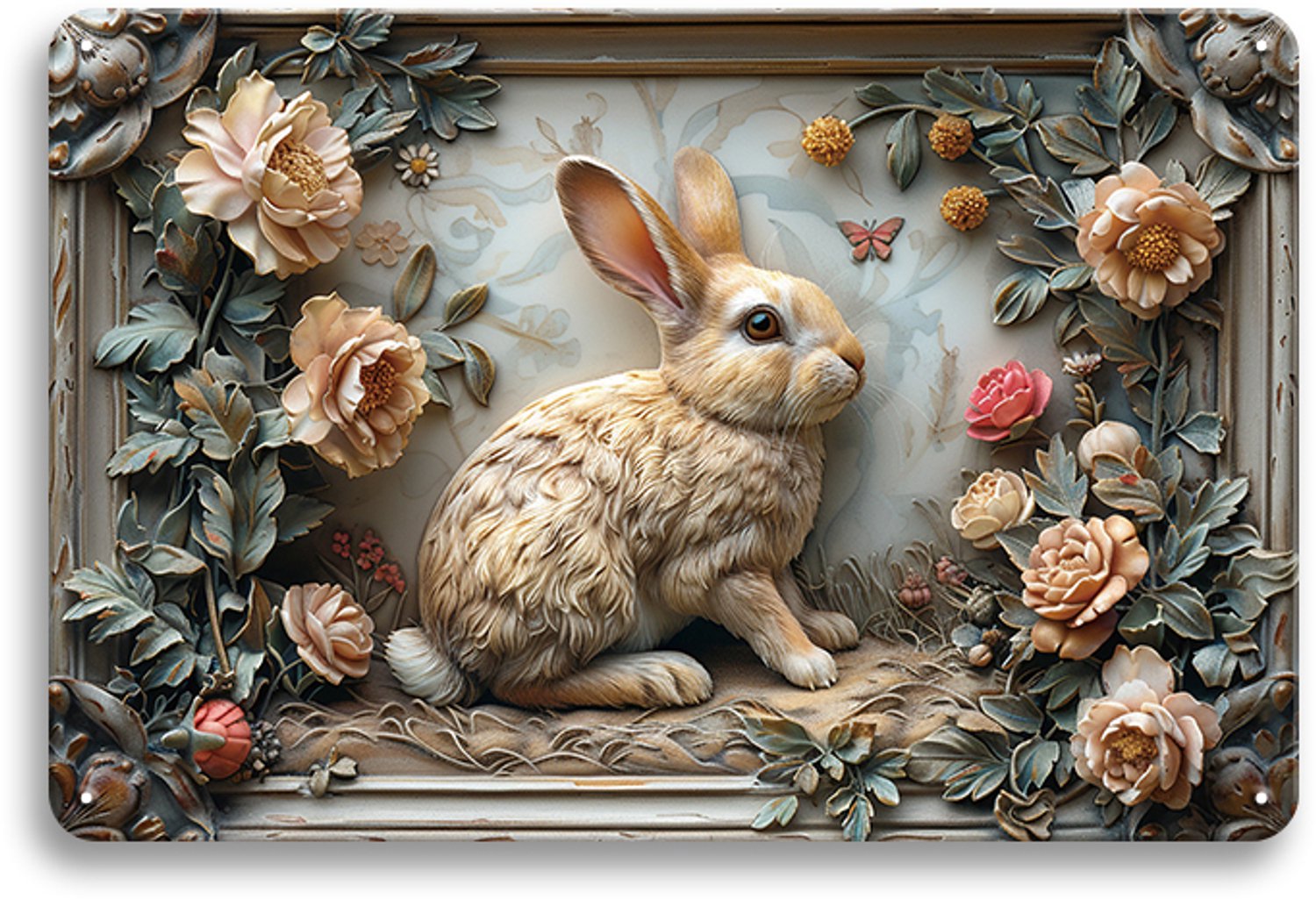 Konijn Met Bloemen Metalen Wandbord 20x30cm – Schattige Konijn Wanddecoratie – Dieren Decoratie – Vintage Retro Wandbord